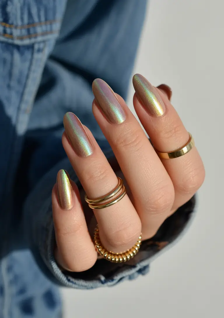 Glamorous Gold Fall Nails 2025 Golden Holographic Glow