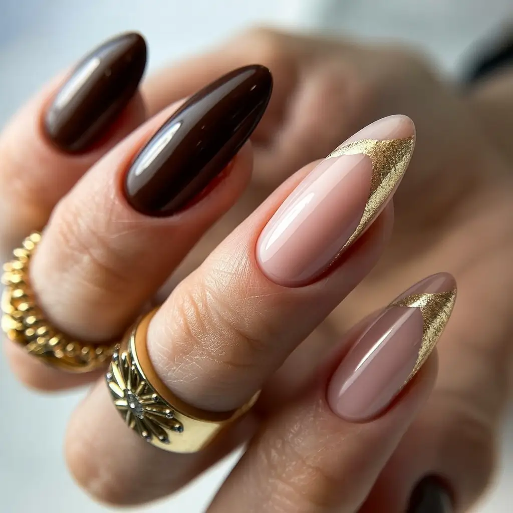 Glamorous Gold Fall Nails 2025 Chocolate and Gold French Twist