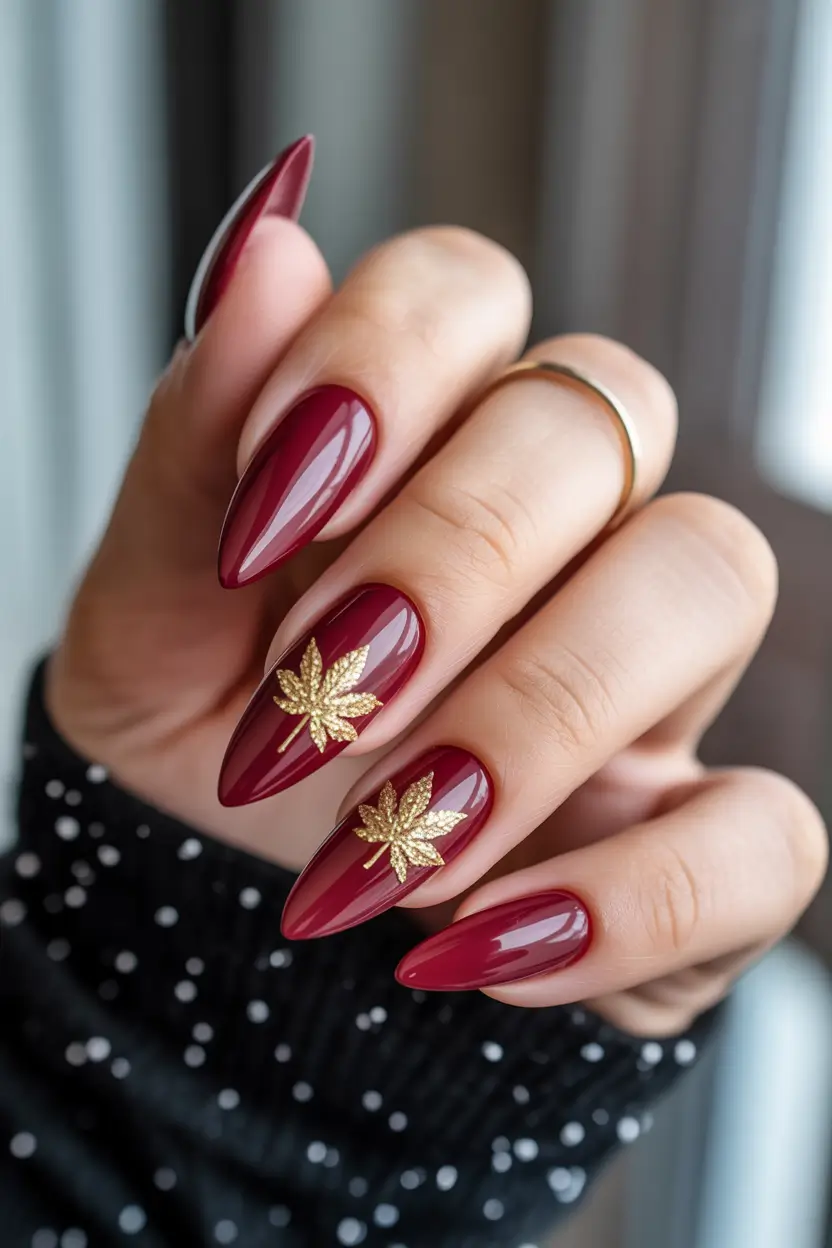 Glamorous Gold Fall Nails 2025 Burgundy Glam with Golden Leaves