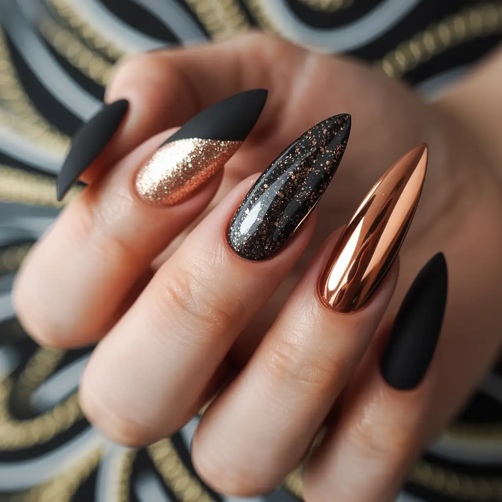 Glamorous Gold Fall Nails 2025 Matte Black and Molten Gold Drama