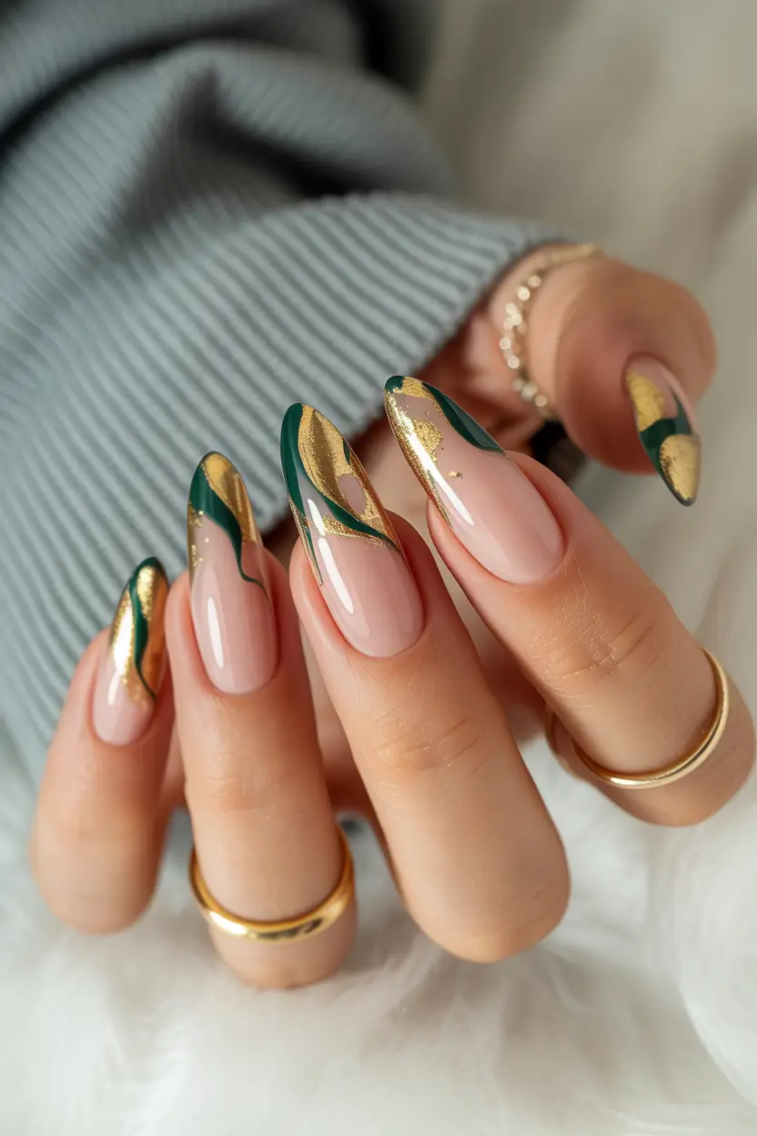 Glamorous Gold Fall Nails 2025 Emerald Elegance with Gold Waves