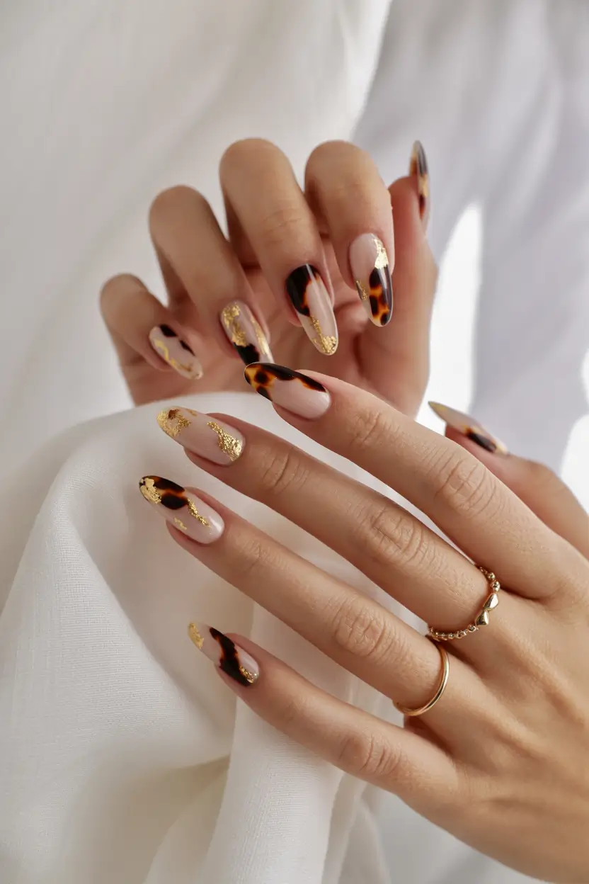 Glamorous Gold Fall Nails 2025 Tortoiseshell Touch with Golden Highlights
