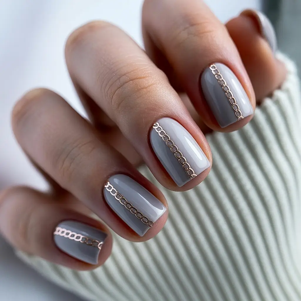 Soft Gray with Gold Chains Holiday Nails