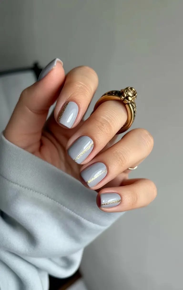 Glamorous Gold Fall Nails 2025 Soft Gray with Subtle Golden Stripes