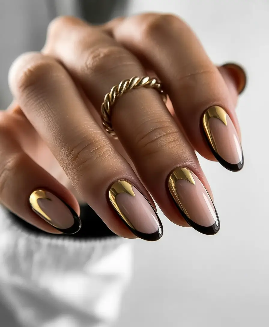 Glamorous Gold Fall Nails 2025 Black and Gold Crescent French