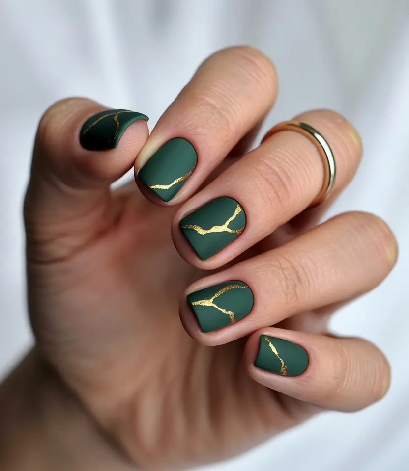 Glamorous Gold Fall Nails 2025 Emerald Green with Golden Veins