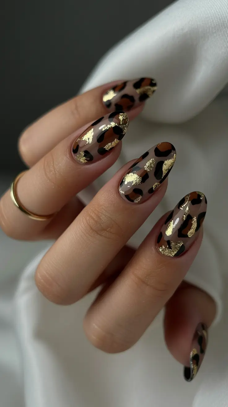 Glamorous Gold Fall Nails 2025 Leopard Luxe with Gold Foil