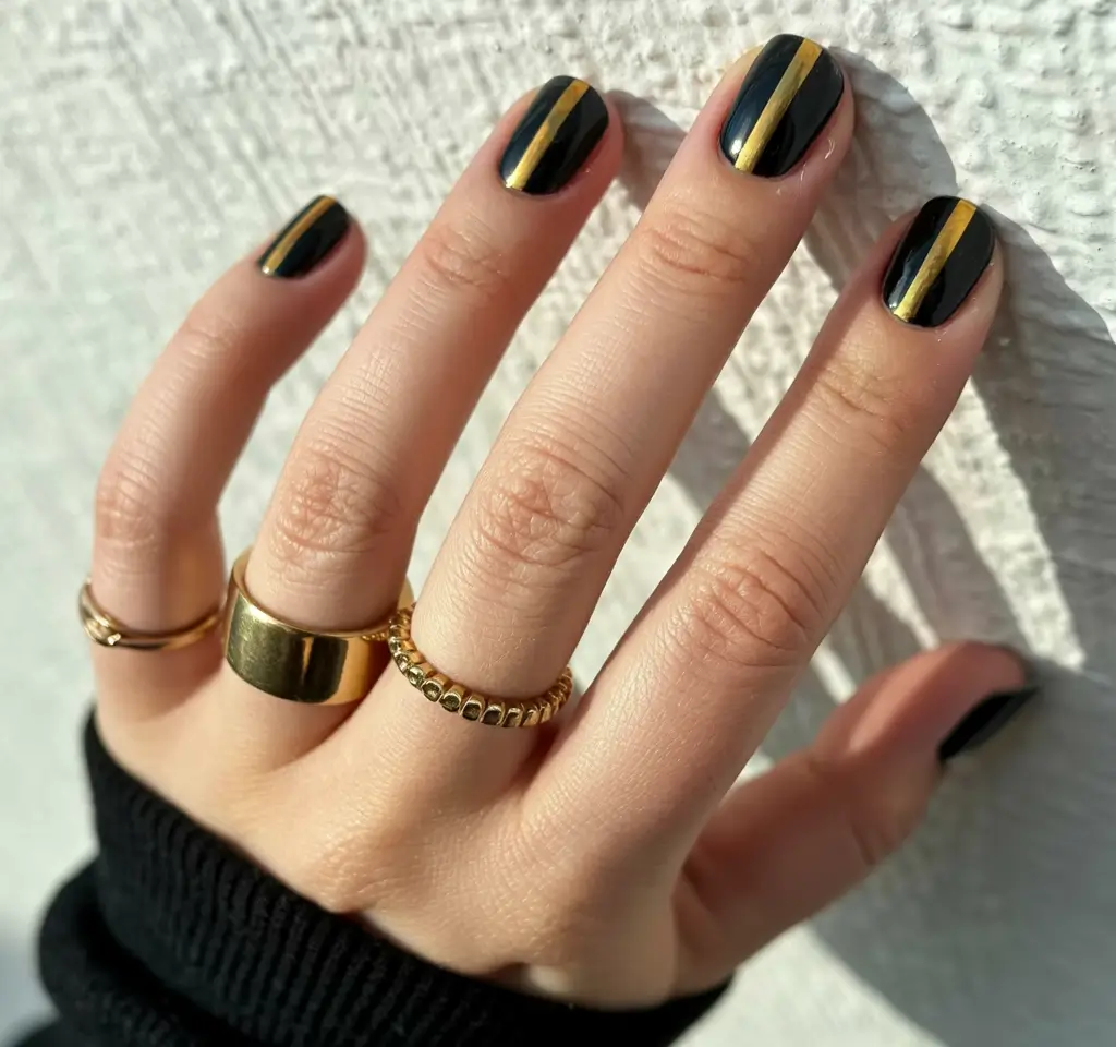 Glamorous Gold Fall Nails 2025 Black Elegance with Golden Stripes