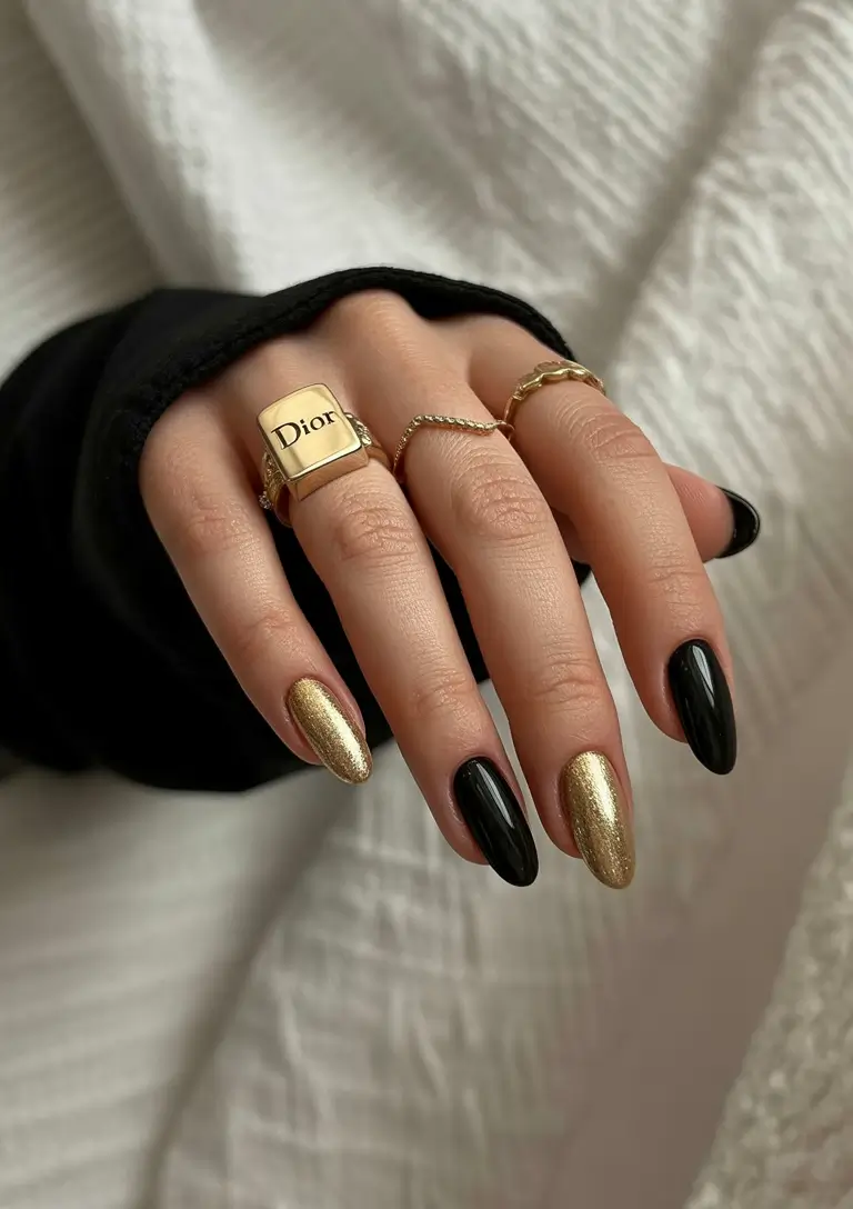 Glamorous Gold Fall Nails 2025 Black and Gold Contrast Glam