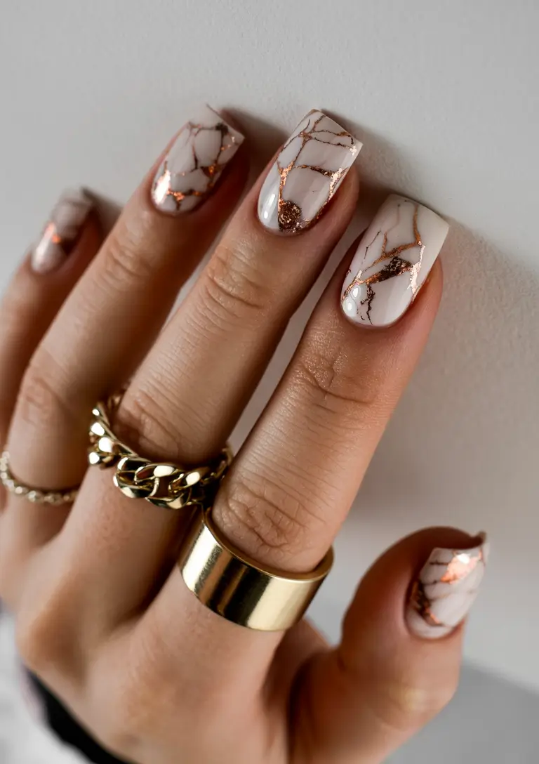 Glamorous Gold Fall Nails 2025 Marble Veins with Golden Accents