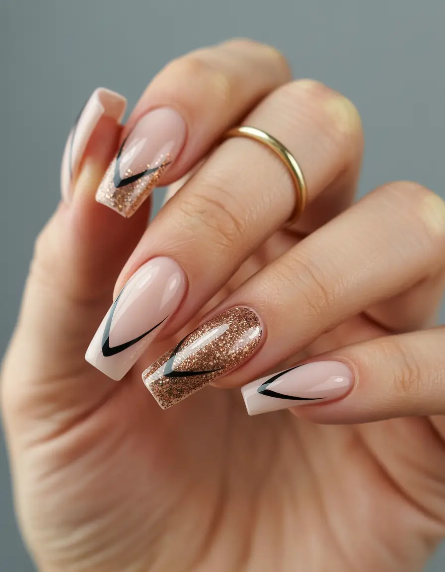 Glamorous Gold Fall Nails 2025 Glitter Framed Neutrals