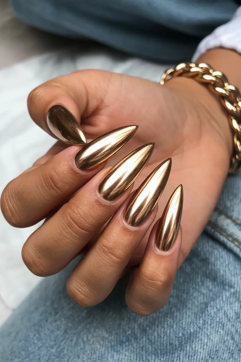Glamorous Gold Fall Nails 2025 Golden Stiletto Drama