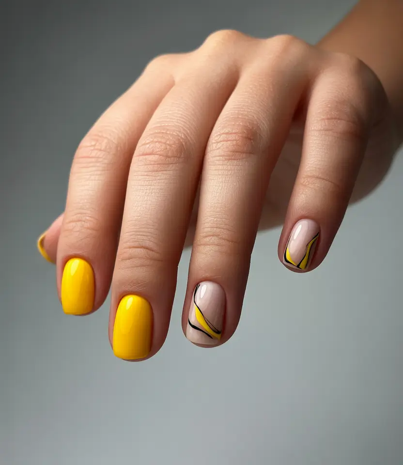 Latest Fall 2025 Nail Trends Sunny Yellow with Graphic Lines