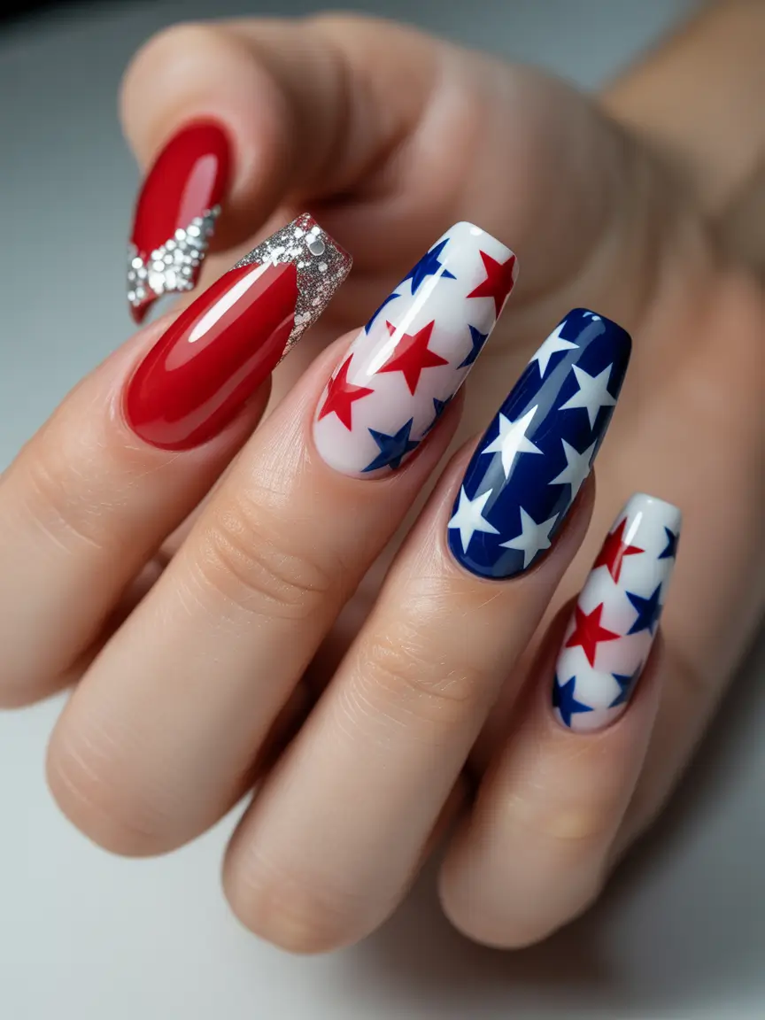 Latest Fall 2025 Nail Trends Patriotic Starburst Glam