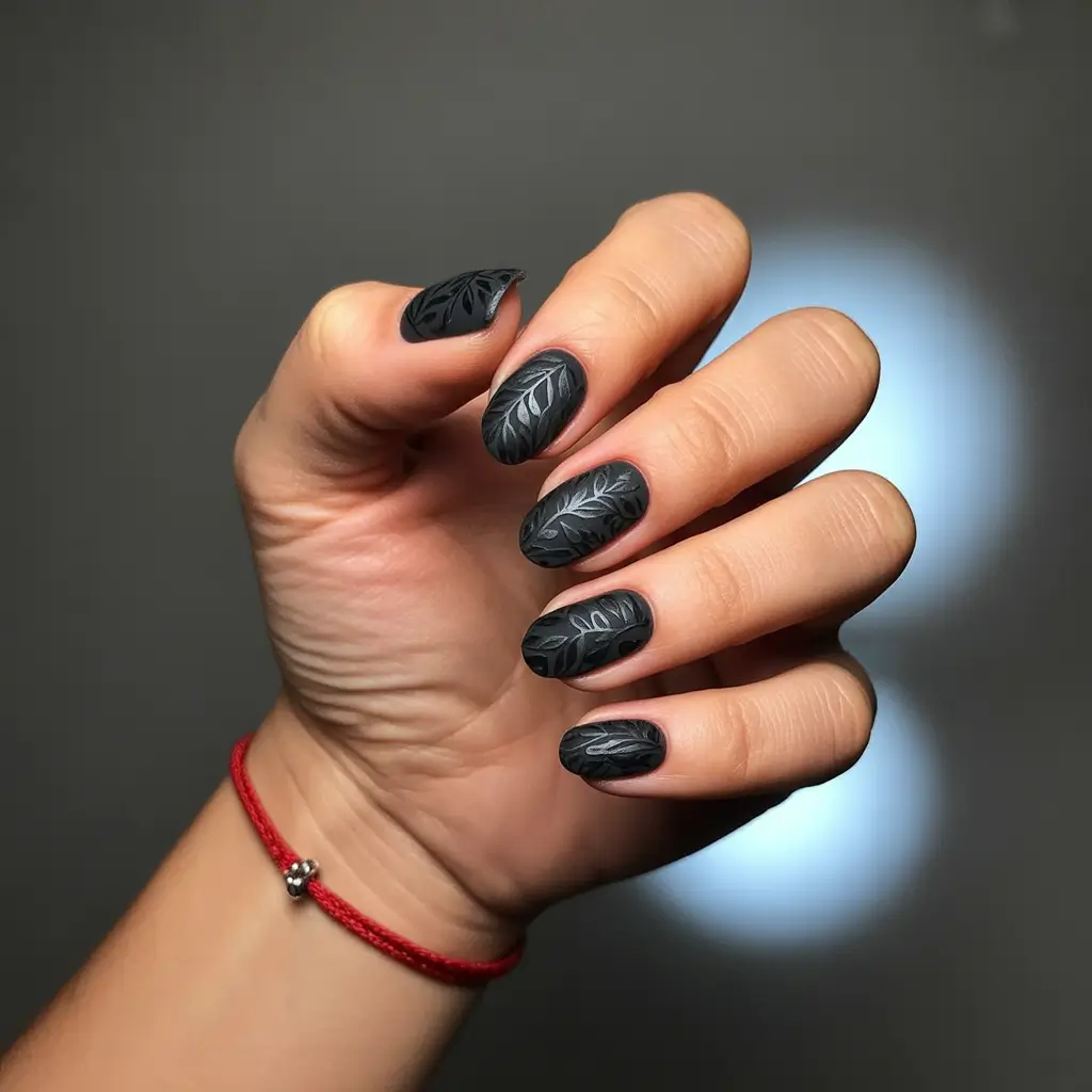 Latest Fall 2025 Nail Trends Matte Charcoal with Leafy Engravings