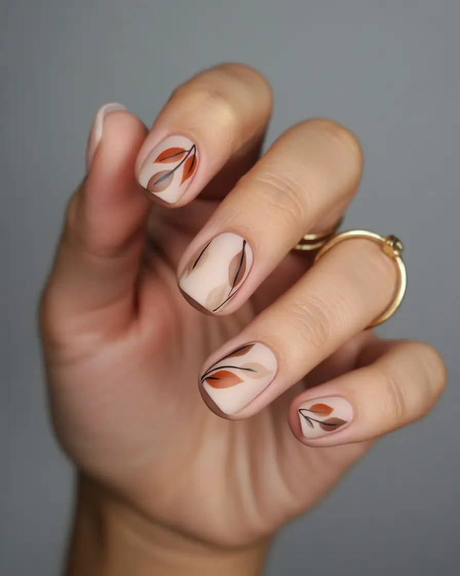 minimalist fall nails Earthy Petal Strokes on a Soft Nude Base