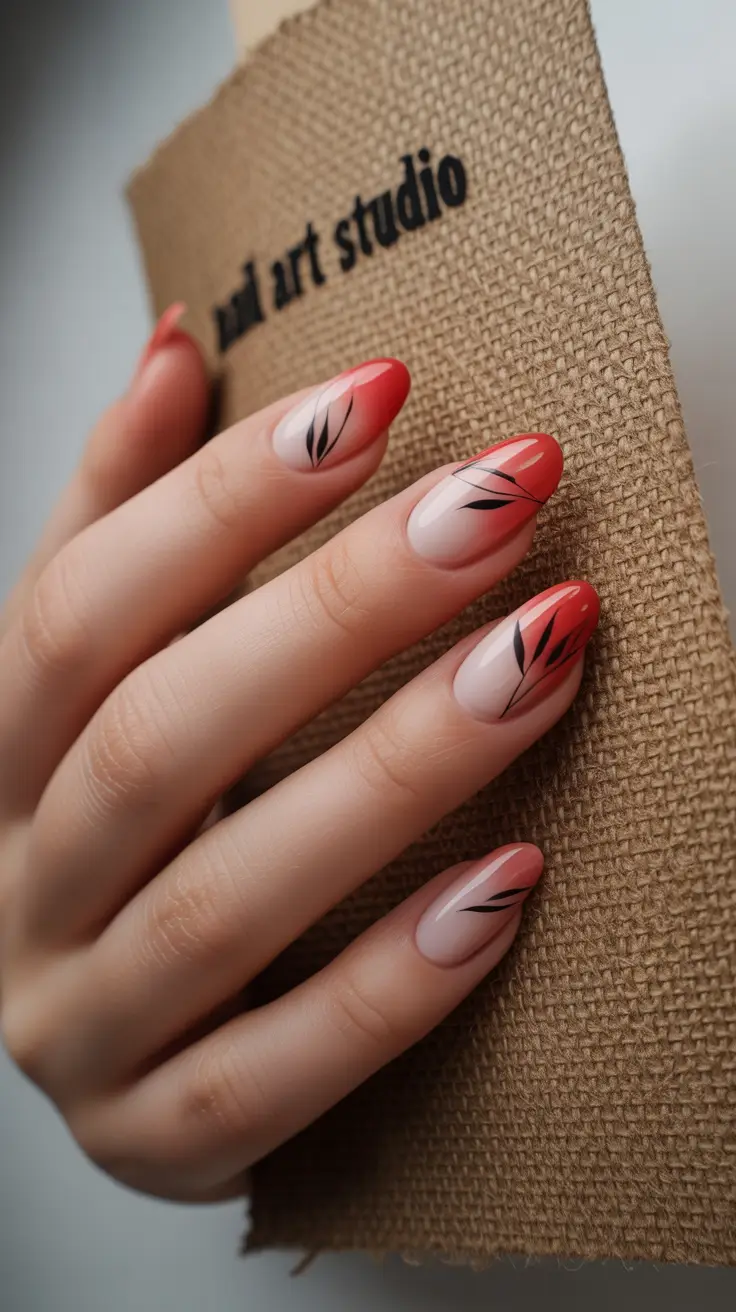 minimalist fall nails Flushed Tips with Graphic Leaf Sprigs
