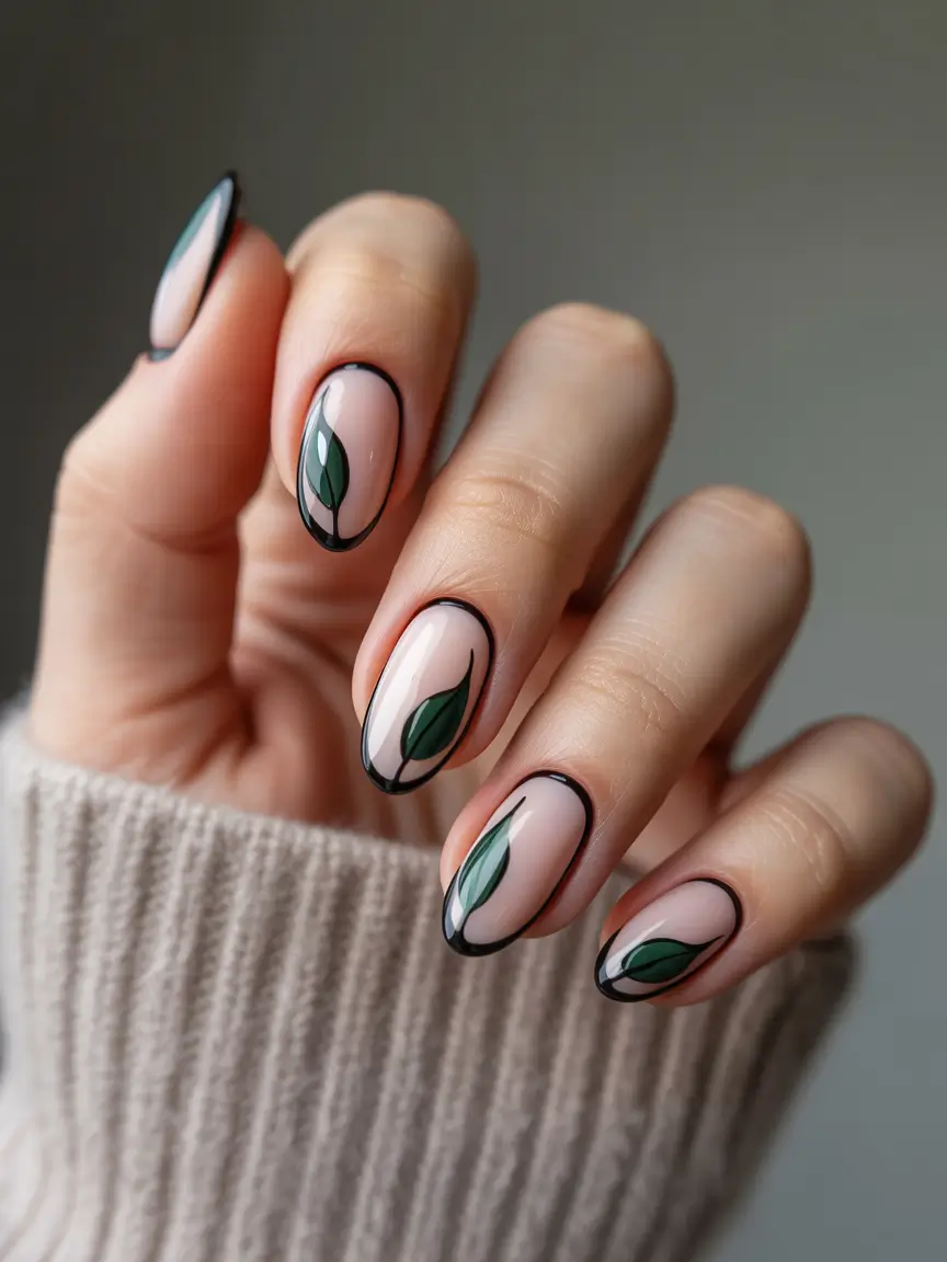 minimalist fall nails Outlined Green Leaf Frame