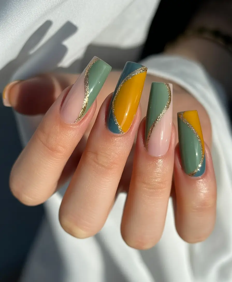 Minimalist Fall Nails Ideas for 2025+Modern Swirls With a Touch of Gold