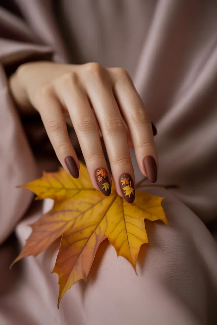 Minimalist Fall Nails Ideas for 2025+Autumn Leaves in Matte Chocolate