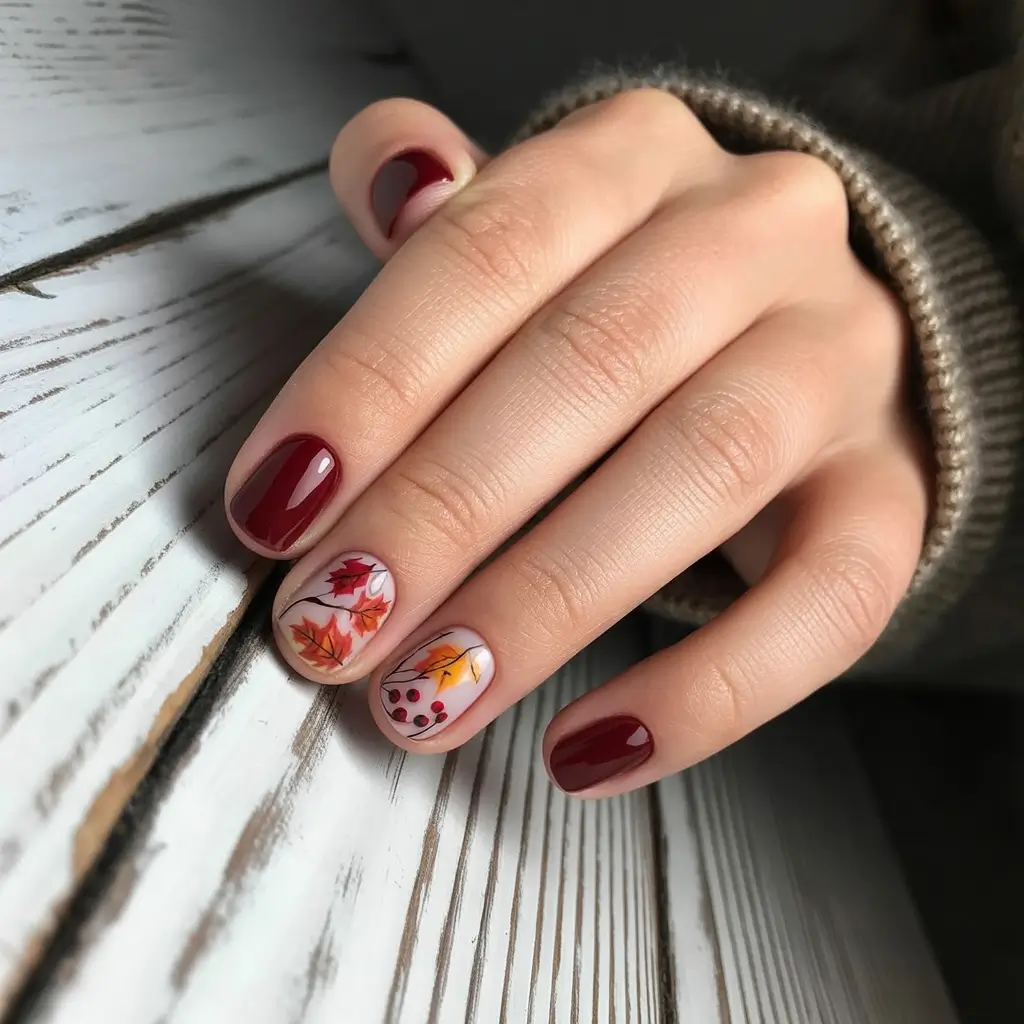 Minimalist Fall Nails Ideas for 2025+Short Burgundy With Falling Leaves Accent
