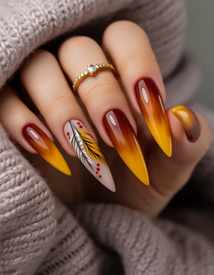 Minimalist Fall Nails Ideas for 2025+Ombre Fire With Feather Detail