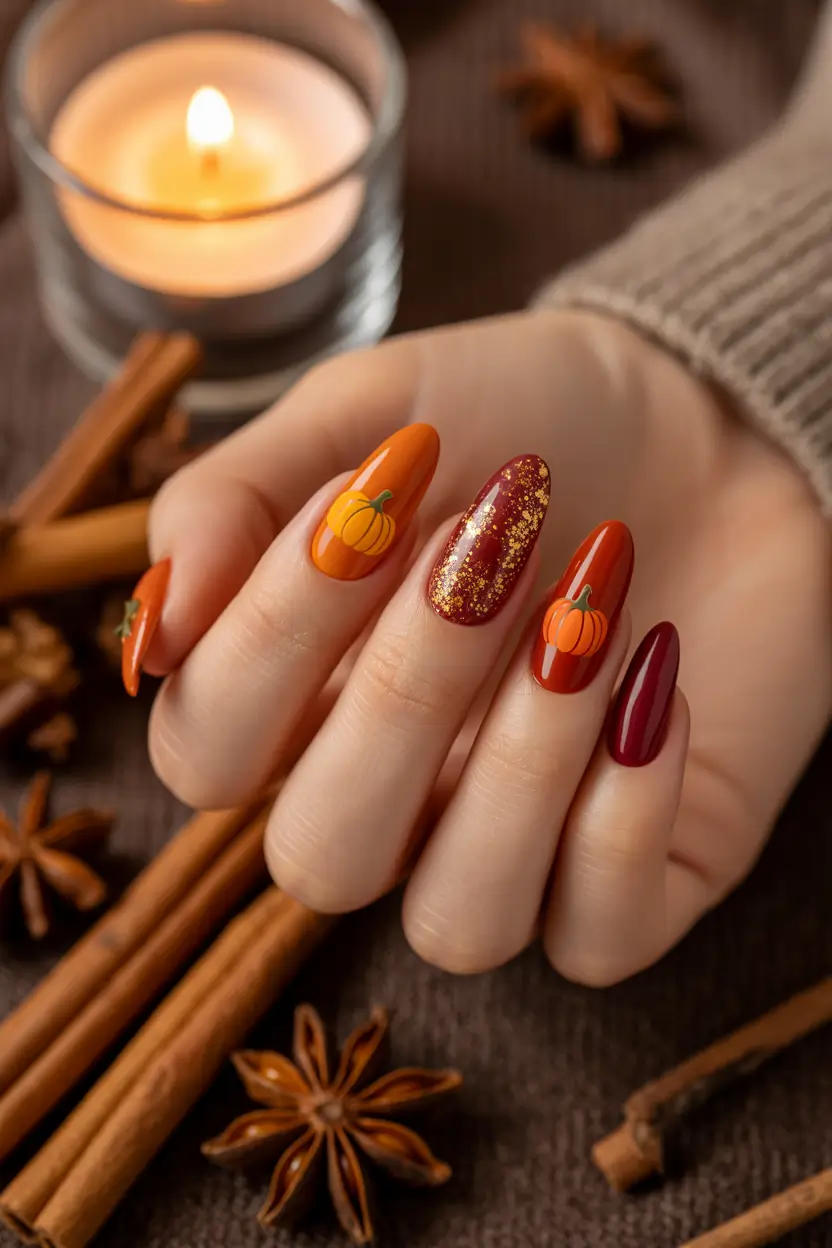 minimalist fall nails Pumpkin Spice & Glitter Magic