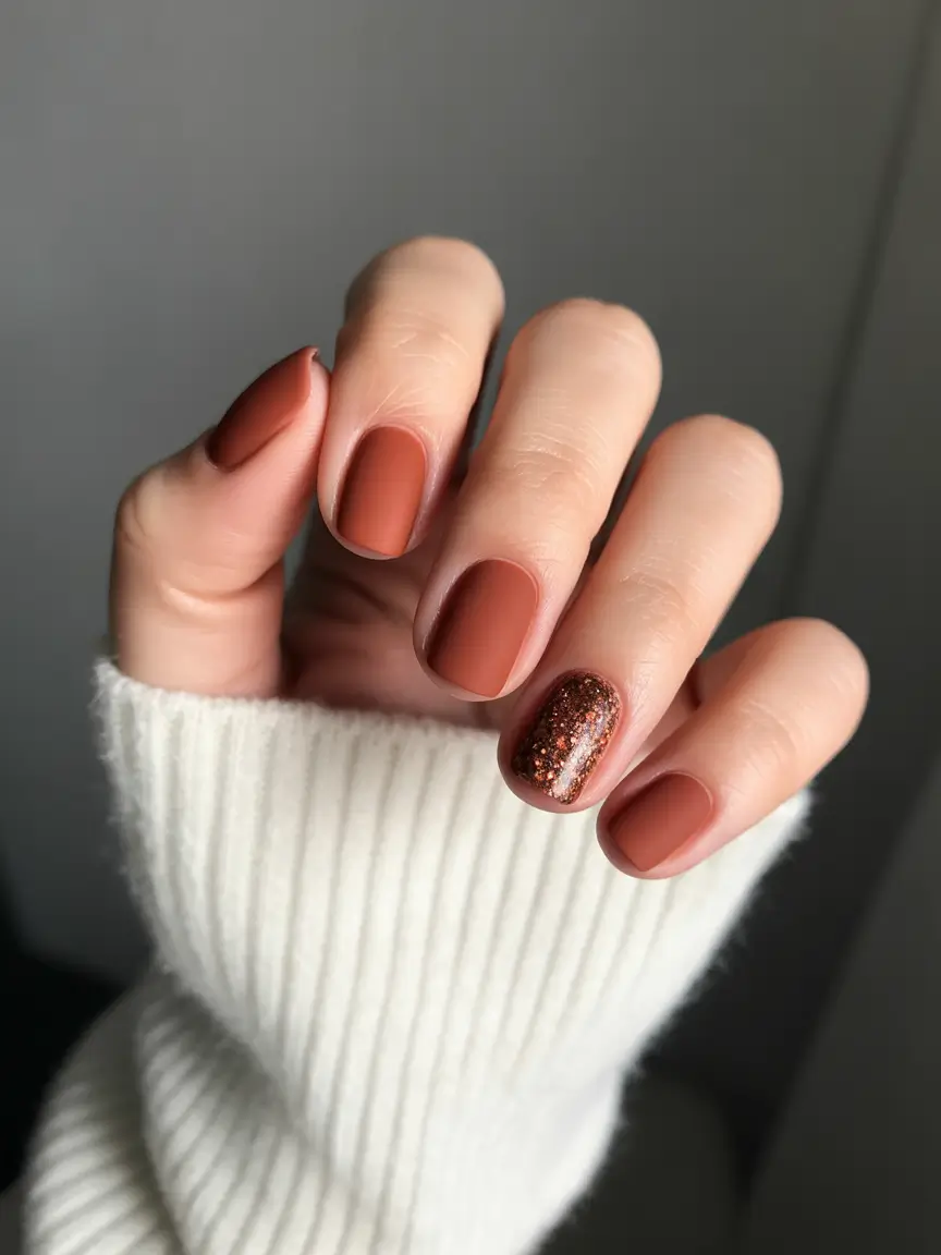 Minimalist Fall Nails Ideas for 2025+Short Terracotta With a Sparkle Twist