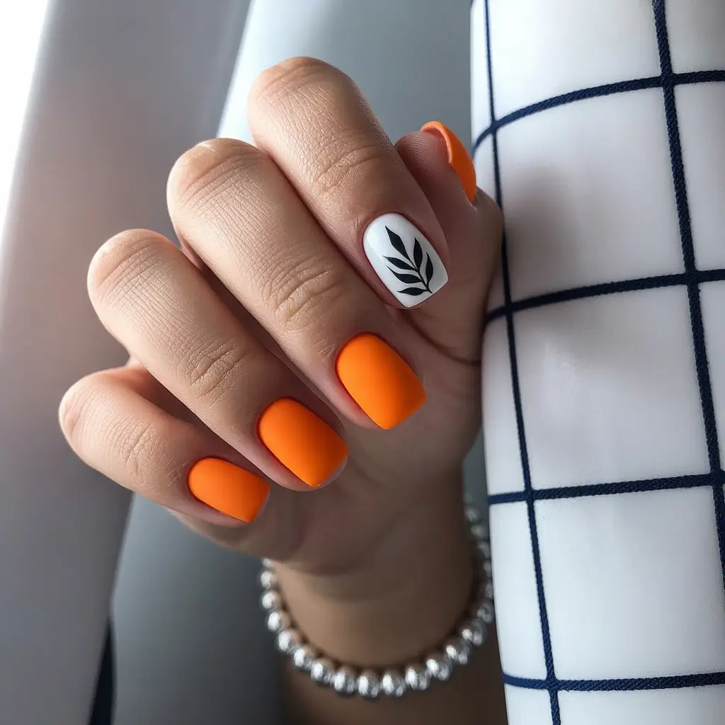 Minimalist Fall Nails Ideas for 2025+Bold Orange With a Botanical Pop