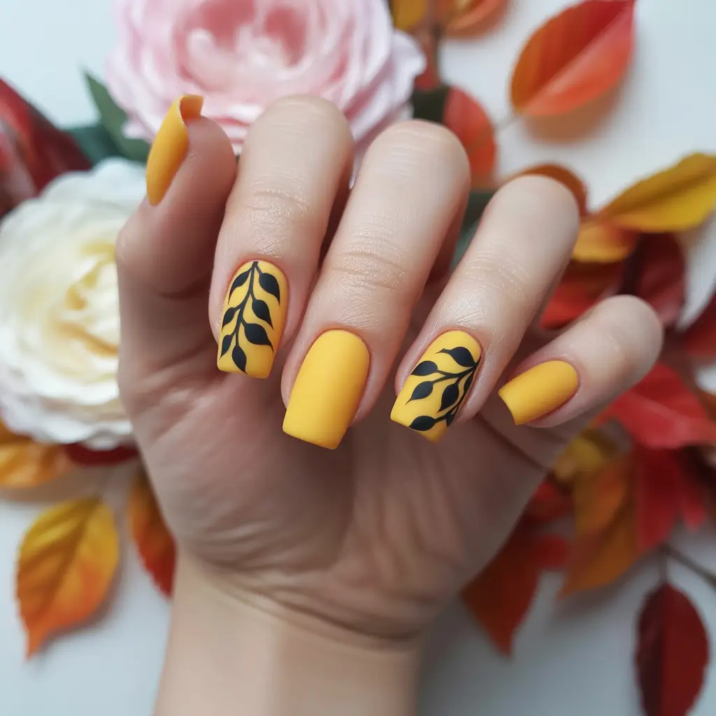 Minimalist Fall Nails Ideas for 2025+Mustard Yellow With Matte Leaf Art
