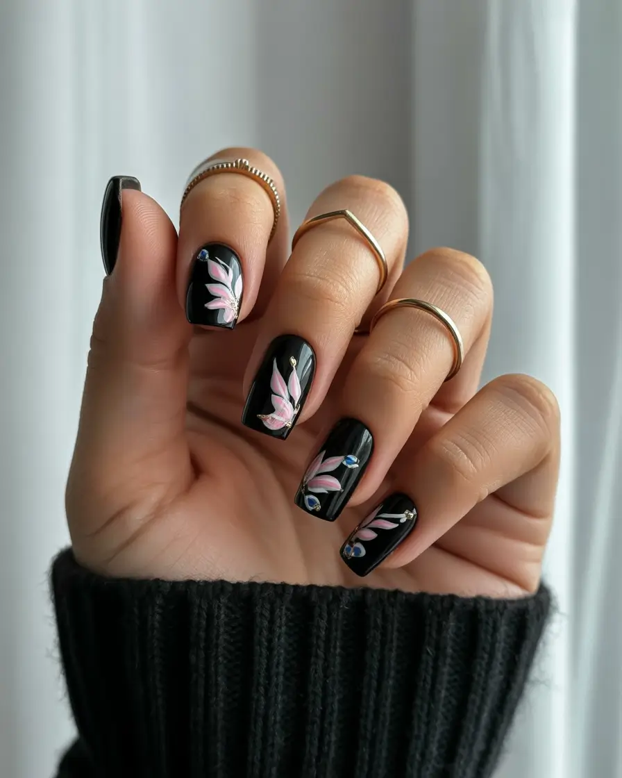 Minimalist Fall Nails Ideas for 2025+Black Base With Hand-Painted Florals