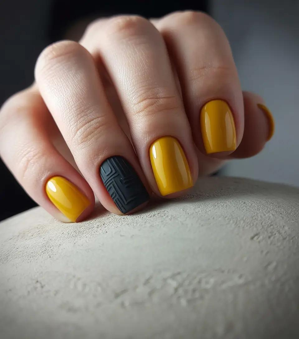 Minimalist Fall Nails Ideas for 2025+Golden Ochre With a Matte Black Accent