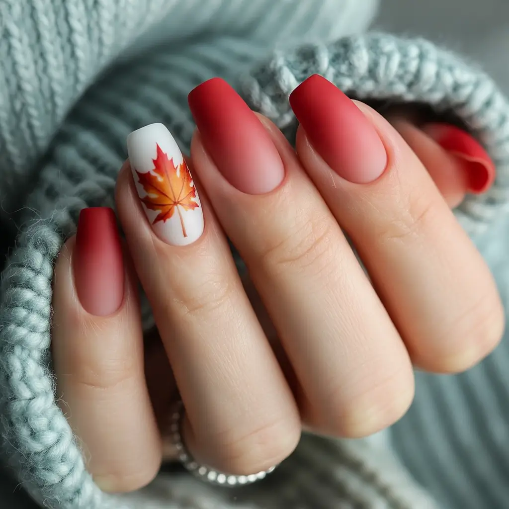minimalist fall nails Maple Leaf Accent on Berry-Red Ombre