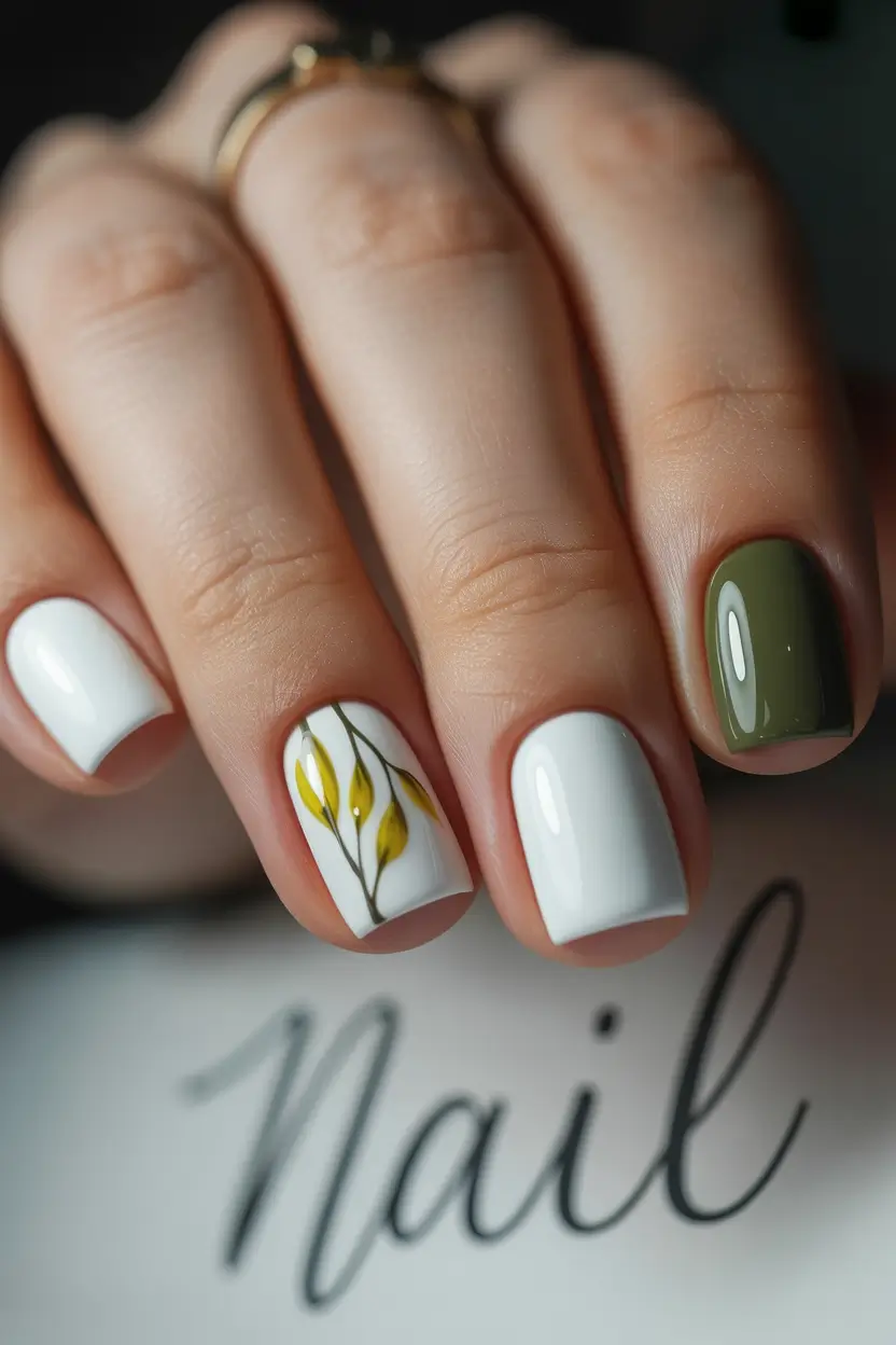 minimalist fall nails Olive Green Meets White Botanical