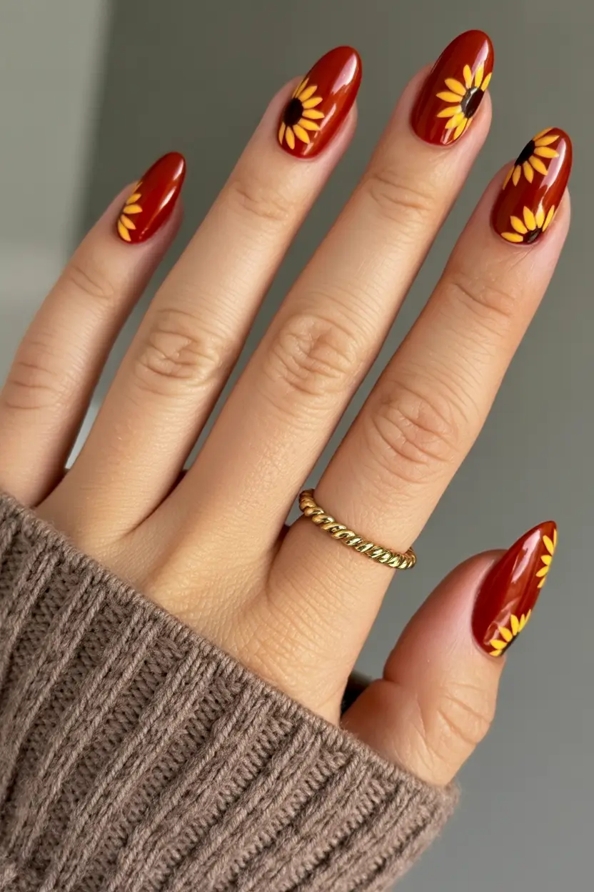 minimalist fall nails Rusty Sunflowers on Terracotta Red