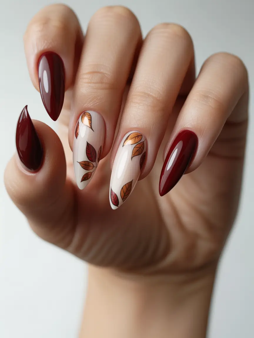 minimalist fall nails Glossy Wine and Copper Leaf Duo