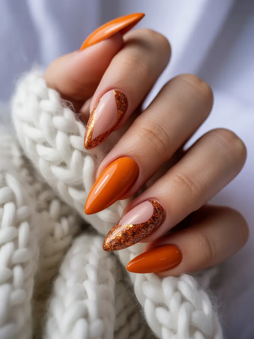 minimalist fall nails Molten Tangerine & Glitter Cutouts