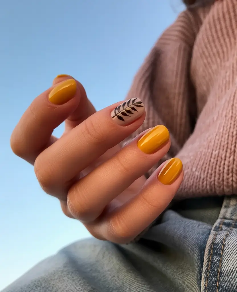 minimalist fall nails Golden Mustard and Single Leaf Accent