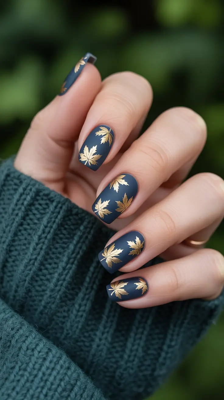 minimalist fall nails Midnight Blue and Matte Gold Maple