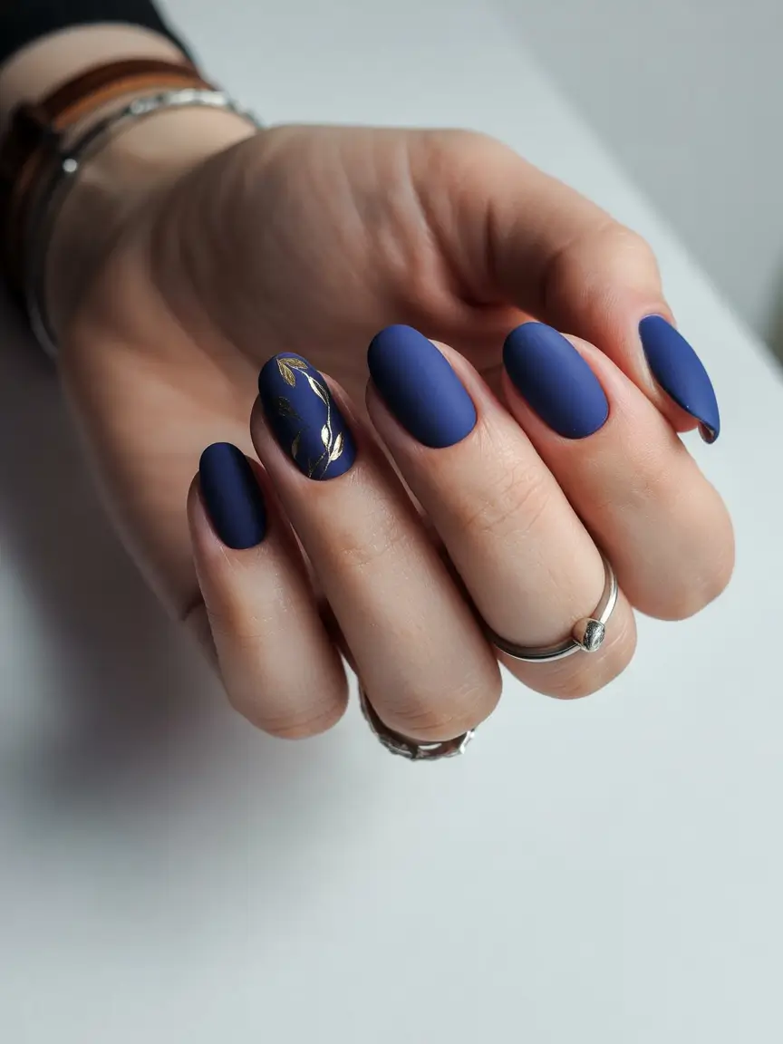 Navy Blue Fall Nail 2025 Matte with Gold Design