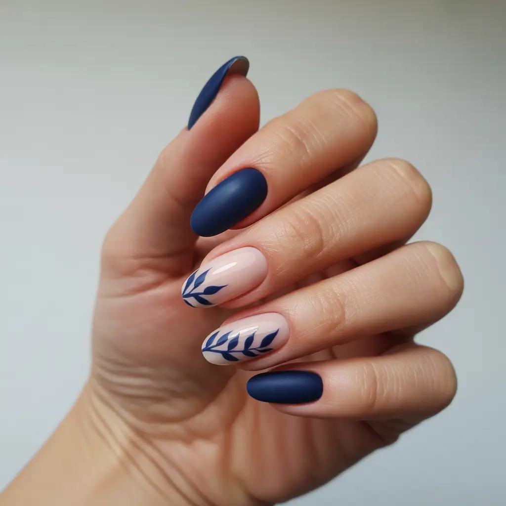 Navy Blue Fall Nail 2025 Matte Leaf Accent
