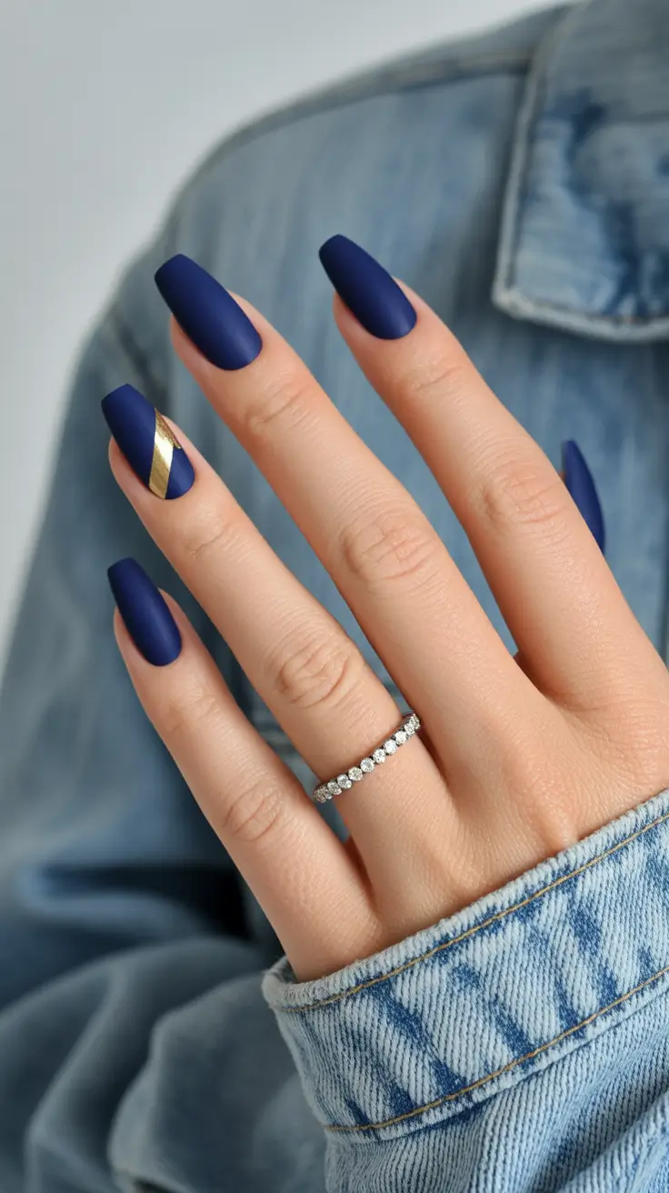 Navy Blue Fall Nail 2025 Metallic Stripe