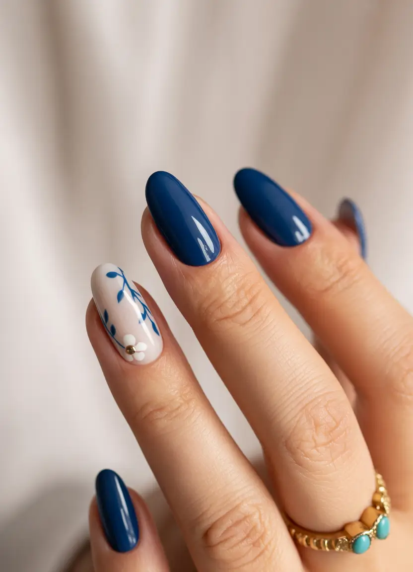 Navy Blue Fall Nail 2025 Floral Accent