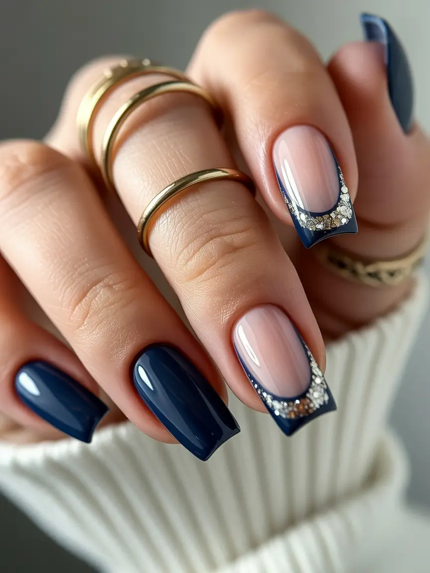 Navy Blue Nail Ideas for Fall 2025 Classy French Twist with Navy and Sparkle