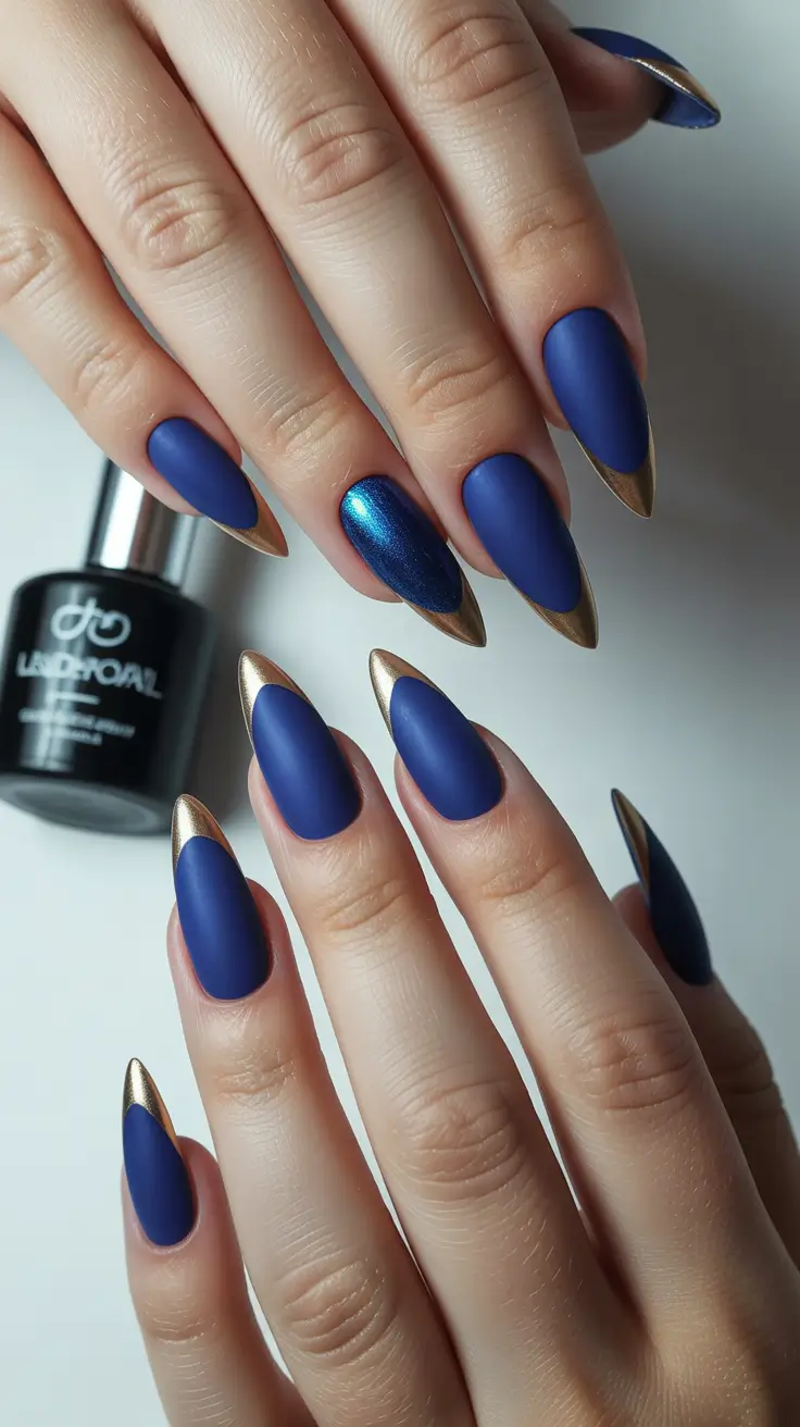 Navy Blue Fall Nail 2025 Almond Metallic Tips