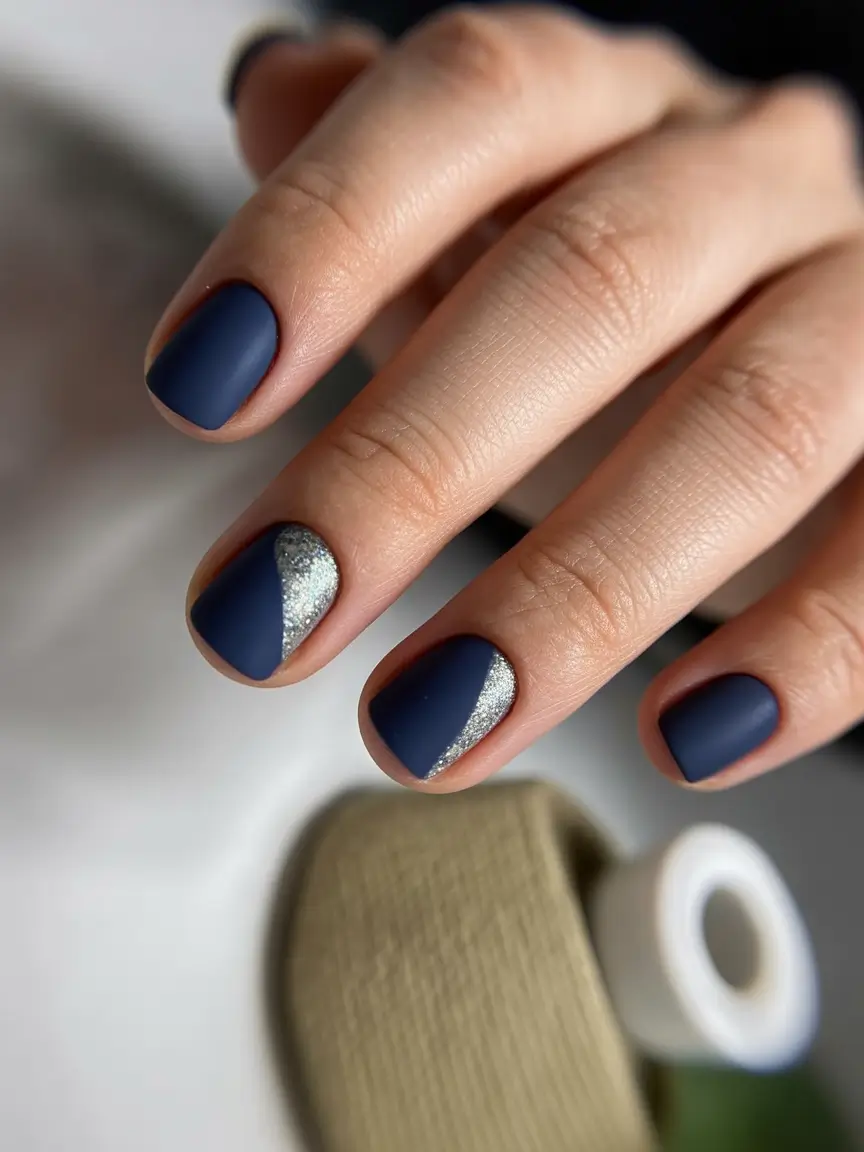 Navy Blue Nail Ideas for Fall 2025 Matte Navy with Silver Diagonal Spark