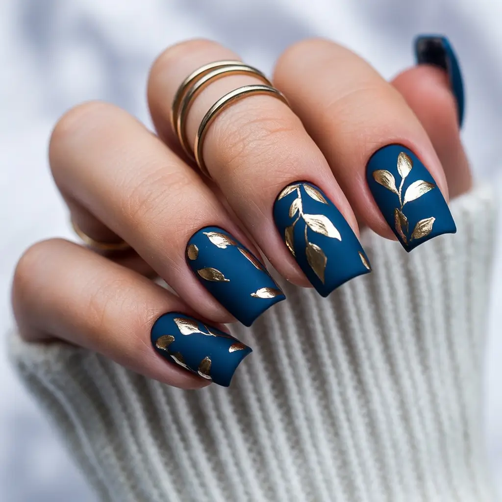 Navy Blue Nail Ideas for Fall 2025 Matte Navy with Golden Leaves