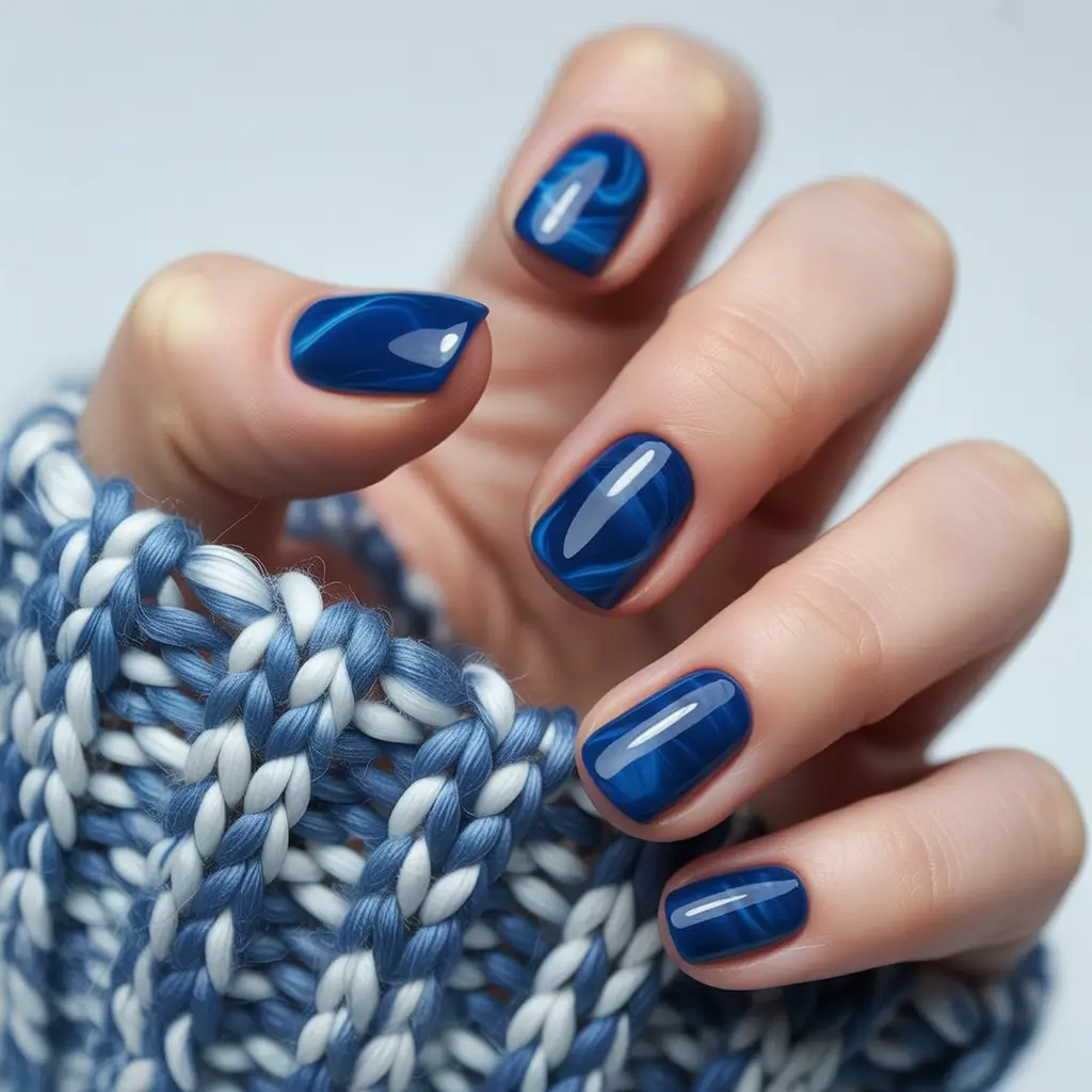 Navy Blue Nail Ideas for Fall 2025 Glossy Navy Marble on Short Nails