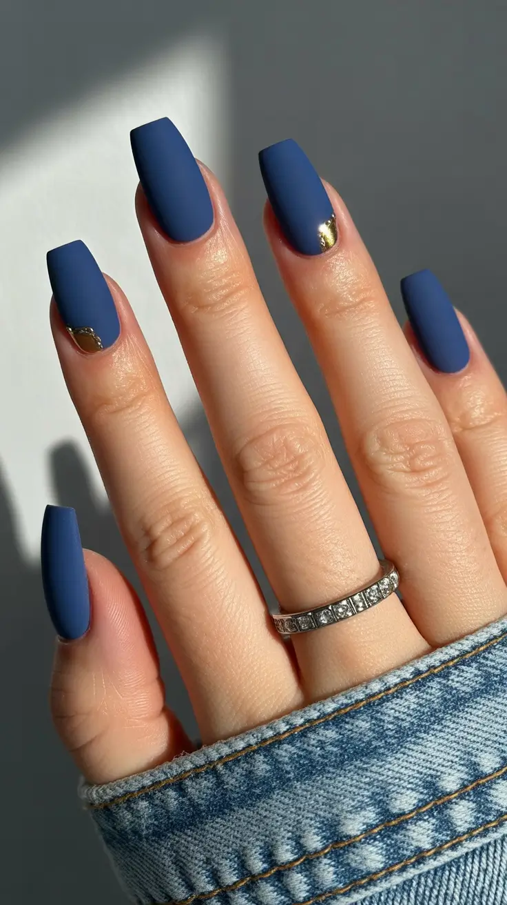 Navy Blue Nail Ideas for Fall 2025 Square Matte Navy with Minimal Gold Accent
