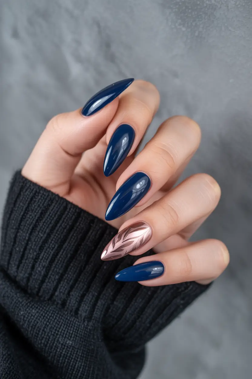 Navy Blue Fall Nail 2025 Glossy Rose-Gold Accent